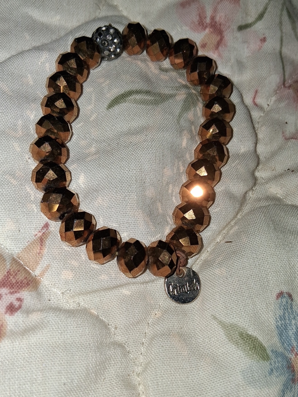 Faceted Bronze Bead Stretch Bracelet with Charm